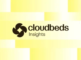 Cloudbeds Insights logo with circular abstract icon on a yellow geometric background
