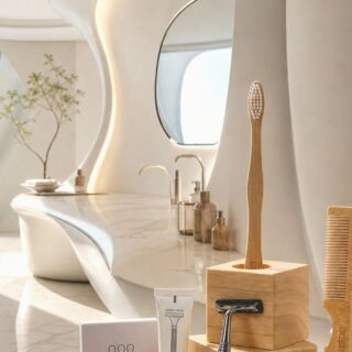 Luxurious bathroom with curved white walls, marble counter, and a wooden toothbrush holder near a large window.