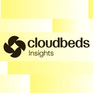 Cloudbeds Insights logo with circular abstract icon on a yellow geometric background