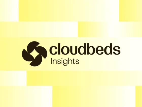 Cloudbeds Insights logo with circular abstract icon on a yellow geometric background