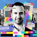 Collage portrait of a smiling man surrounded by hotel imagery and colorful graphic elements, conveying hospitality and tech themes (AI, guests, staff).