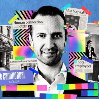 Collage portrait of a smiling man surrounded by hotel imagery and colorful graphic elements, conveying hospitality and tech themes (AI, guests, staff).