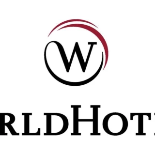 WorldHotels logo: black W inside a maroon circular swoosh, with 'WorldHotels' in large serif lettering below.