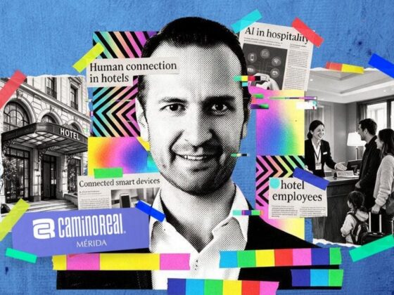 Collage portrait of a smiling man surrounded by hotel imagery and colorful graphic elements, conveying hospitality and tech themes (AI, guests, staff).
