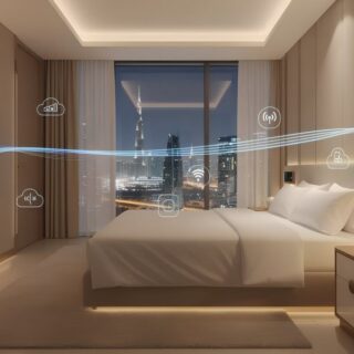 Contemporary hotel room with a large bed and a blue data stream linking smart devices via floating icons.