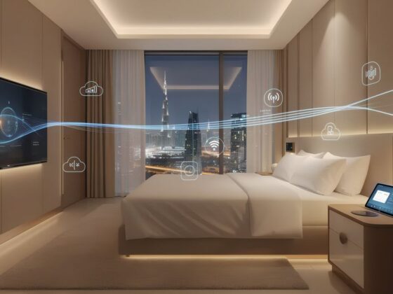Contemporary hotel room with a large bed and a blue data stream linking smart devices via floating icons.