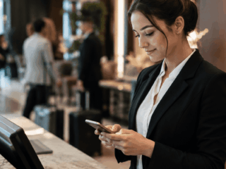 Professional woman in a black blazer at a marble hotel reception, looking at her smartphone.