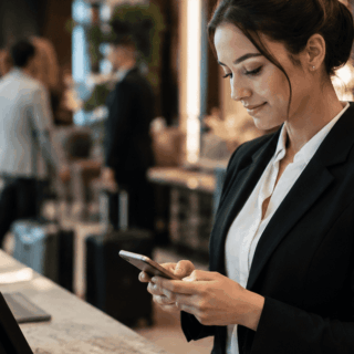 Professional woman in a black blazer at a marble hotel reception, looking at her smartphone.