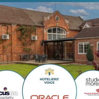 Brick event venue exterior with glass-entry doors and outdoor seating, overlaid by a blue banner and circular sponsor logos at the bottom.
