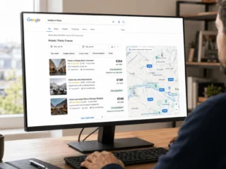 Man viewing Google search results for 'hotels in Paris' on a monitor, with a map on the right side.
