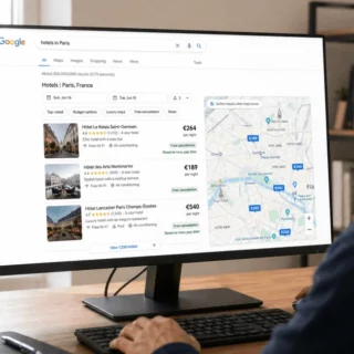 Man viewing Google search results for 'hotels in Paris' on a monitor, with a map on the right side.