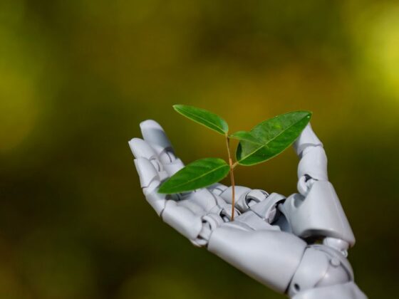 Robotic hand cupping a small green sprout against a blurred natural background.