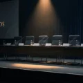 Empty awards ceremony stage with a long panel table, seven chairs, microphones and water bottles; screen reads 'AWARDS' on the left.