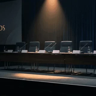 Empty awards ceremony stage with a long panel table, seven chairs, microphones and water bottles; screen reads 'AWARDS' on the left.