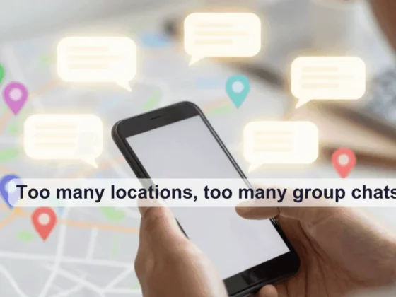 Hands holding a smartphone over a map with colorful location pins and chat bubbles, illustrating too many locations and group chats.