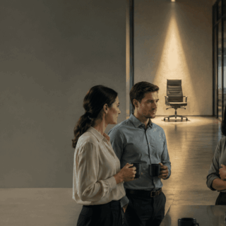 Four professionals in business attire converse near a reception counter in a modern office lobby, holding coffee mugs.