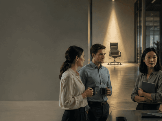 Four professionals in business attire converse near a reception counter in a modern office lobby, holding coffee mugs.