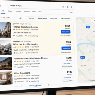 Monitor showing Google search results for hotels in Paris with a map on the right and several hotel cards with prices and ratings.