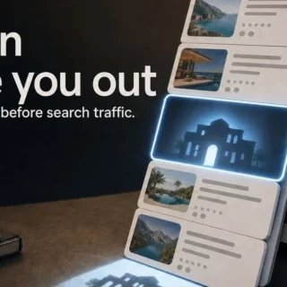 Marketing banner showing stacked UI cards with travel photos and a glowing highlighted building, alongside the headline 'AI can leave you out' and the subtitle 'Visibility starts before search traffic.'