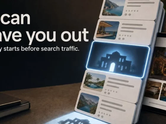 Marketing banner showing stacked UI cards with travel photos and a glowing highlighted building, alongside the headline 'AI can leave you out' and the subtitle 'Visibility starts before search traffic.'