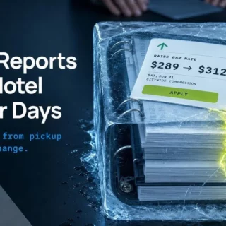 Banner with the headline “Manual Reports Freeze Hotel Rates for Days” and a frozen binder of rate-change documents.