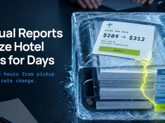 Banner with the headline “Manual Reports Freeze Hotel Rates for Days” and a frozen binder of rate-change documents.