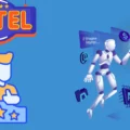 Guest giving thumbs up with three stars under a hotel sign; AI robotics and a laptop to the right.