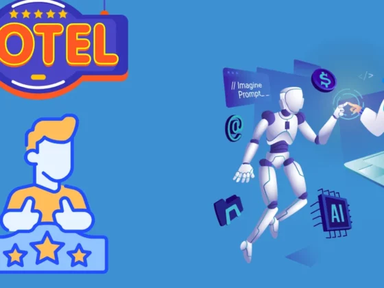 Guest giving thumbs up with three stars under a hotel sign; AI robotics and a laptop to the right.