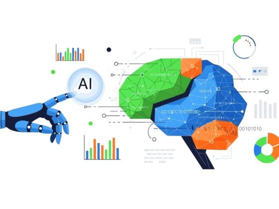 Blue robotic hand points at a colorful, geometric brain labeled AI, surrounded by charts and graphs for data analysis concept—AI visualization.