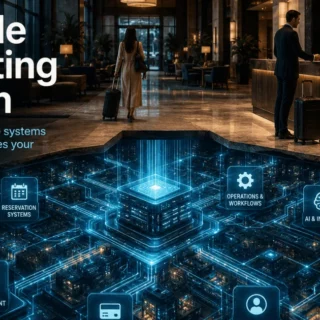 Hotel lobby with a glowing blue network diagram overlay showing hotel tech like reservations, distribution, and AI insights.
