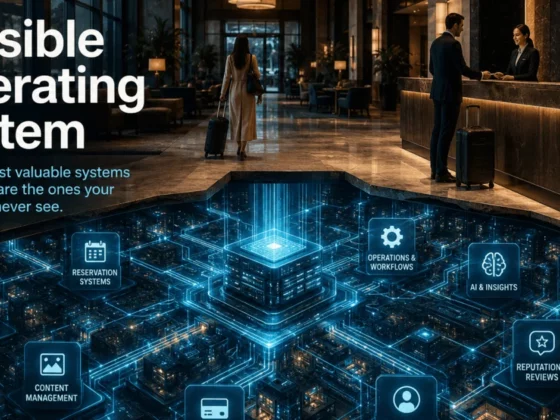 Hotel lobby with a glowing blue network diagram overlay showing hotel tech like reservations, distribution, and AI insights.