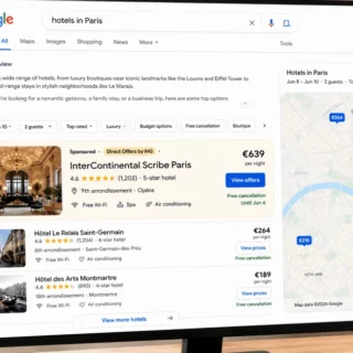 Desktop monitor showing Google search results for 'hotels in Paris' with hotel listings on the left and a Paris map on the right; Eiffel Tower visible through a window outside.