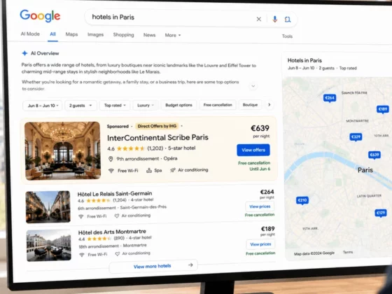 Desktop monitor showing Google search results for 'hotels in Paris' with hotel listings on the left and a Paris map on the right; Eiffel Tower visible through a window outside.