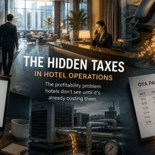 Hotel lobby scene with a businessman carrying a suitcase approaching a receptionist desk; laptop and a payment statement visible, conveying hidden hotel taxes. (Title: The Hidden Taxes in Hotel Operations)