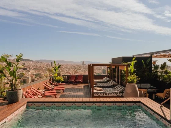 Rooftop pool area with red lounge chairs, wooden deck, cabanas, and potted plants overlooking a city skyline.