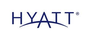 Hyatt logo wordmark in blue with a curved line beneath the letters