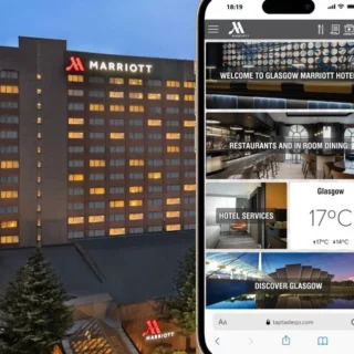 Marriott hotel exterior at dusk with a smartphone showcasing the hotel’s mobile app interface, displaying sections like Welcome, Restaurants, Hotel Services, and Discover Glasgow.