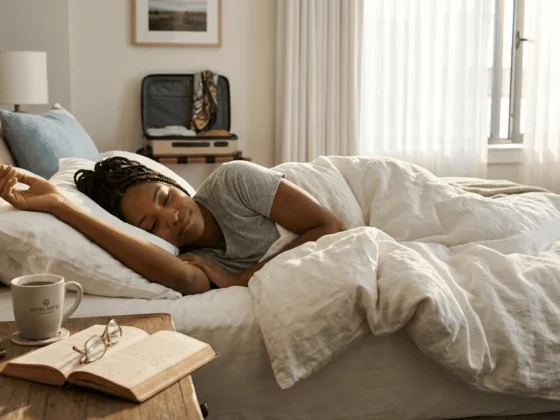 Woman sleeping on a bed in a sunlit hotel room, with an open book, glasses, a coffee mug, and a suitcase in the background.