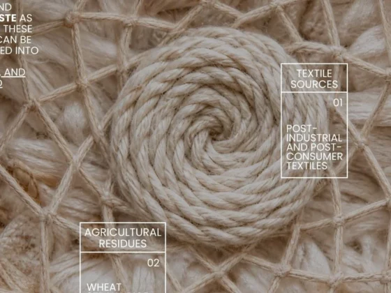 Close-up rope texture with overlay text about textile sources and waste streams.