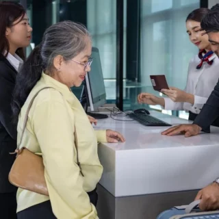 Front desk scene: an elderly guest with a tan purse checks in while a smiling man in a suit assists; two female staff members help nearby on a modern counter.
