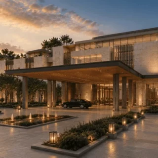 Luxurious hotel entrance at dusk with a porte-cochère, driveway, and lit lanterns along a palm-lined walkway