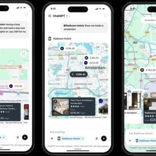 Multiple iPhone screens showing a map-based hotel search app with Radisson Hotels pins and price bubbles in Amsterdam, plus hotel cards at the bottom.