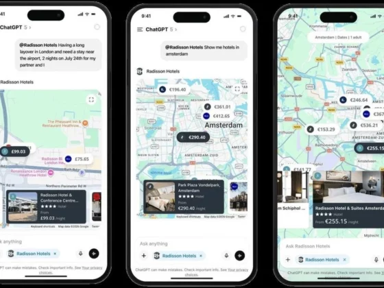 Multiple iPhone screens showing a map-based hotel search app with Radisson Hotels pins and price bubbles in Amsterdam, plus hotel cards at the bottom.