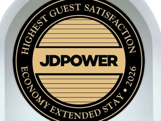 JD Power badge: Highest Guest Satisfaction for Economy Extended Stay, 2026 (circular black-gold award).