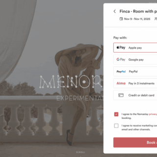 Payment options modal over a villa booking page, showing Apple Pay, Google Pay, PayPal, and card payments with a 'Book and Pay now' button.