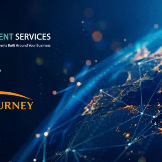 Partnership graphic: M Payment Services and OneJourney logos over a blue digital world map background, indicating collaboration.