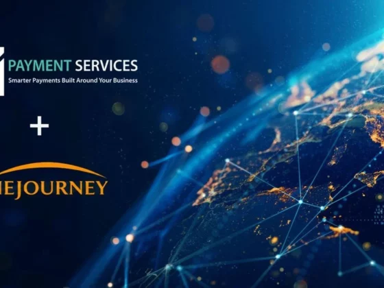 Partnership graphic: M Payment Services and OneJourney logos over a blue digital world map background, indicating collaboration.