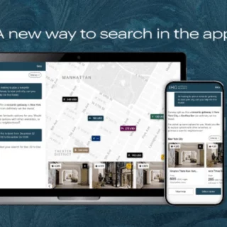 Laptop and smartphone display a map-based search interface, illustrating a new in-app search feature with listings and routes.