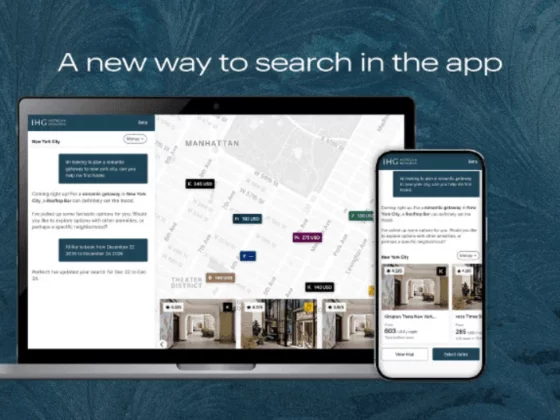 Laptop and smartphone display a map-based search interface, illustrating a new in-app search feature with listings and routes.