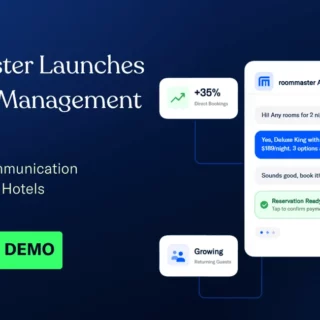 Promotional banner for Roommaster AI Guest Management with a chat mockup and a bright green 'BOOK FREE DEMO' button.